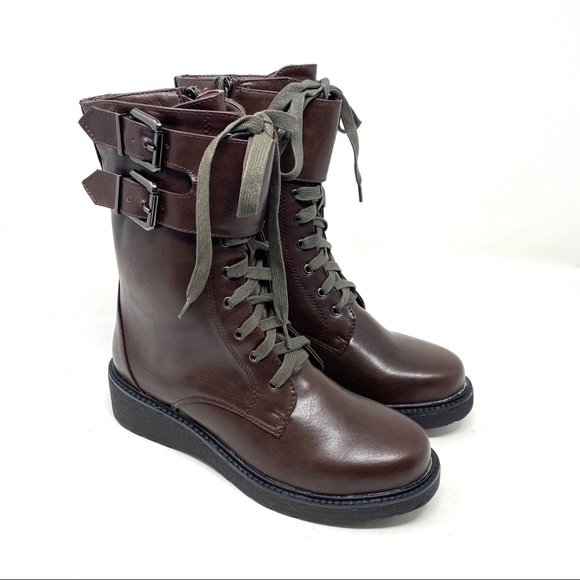New in Box Brown Platform Vegan Leather Mid Shaft Buckle Zip Up Moto Boots - Picture 6 of 8